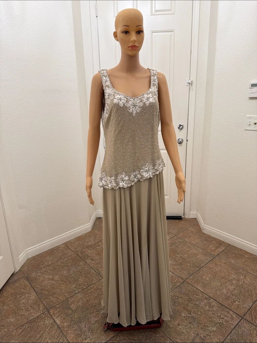 J Kara Sz 12 Beige Taupe Maxi Dress Silver Sequins Beaded Accents Sleeveless
